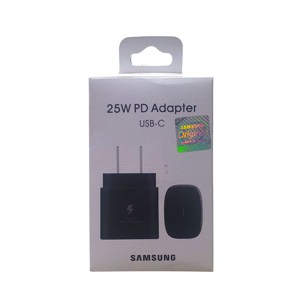 Samsung 25W PD Adapter packaging with USB-C connector on a white background