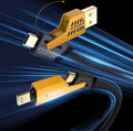 Gold USB and Type-C connectors on a blue and black background