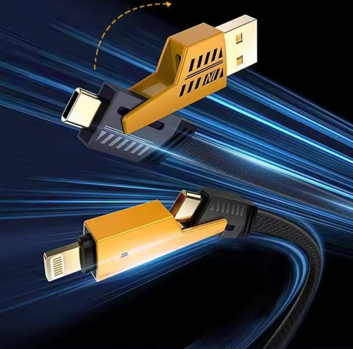 Gold USB and Type-C connectors on a blue and black background