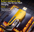 Yellow electronic cable  with text about intelligent chip for fast flash charging on a dark background.