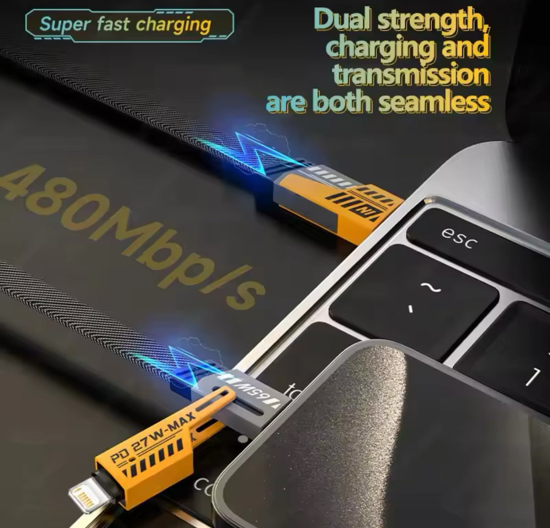 Close-up of a USB-C cable with charging and transmission features on a laptop.