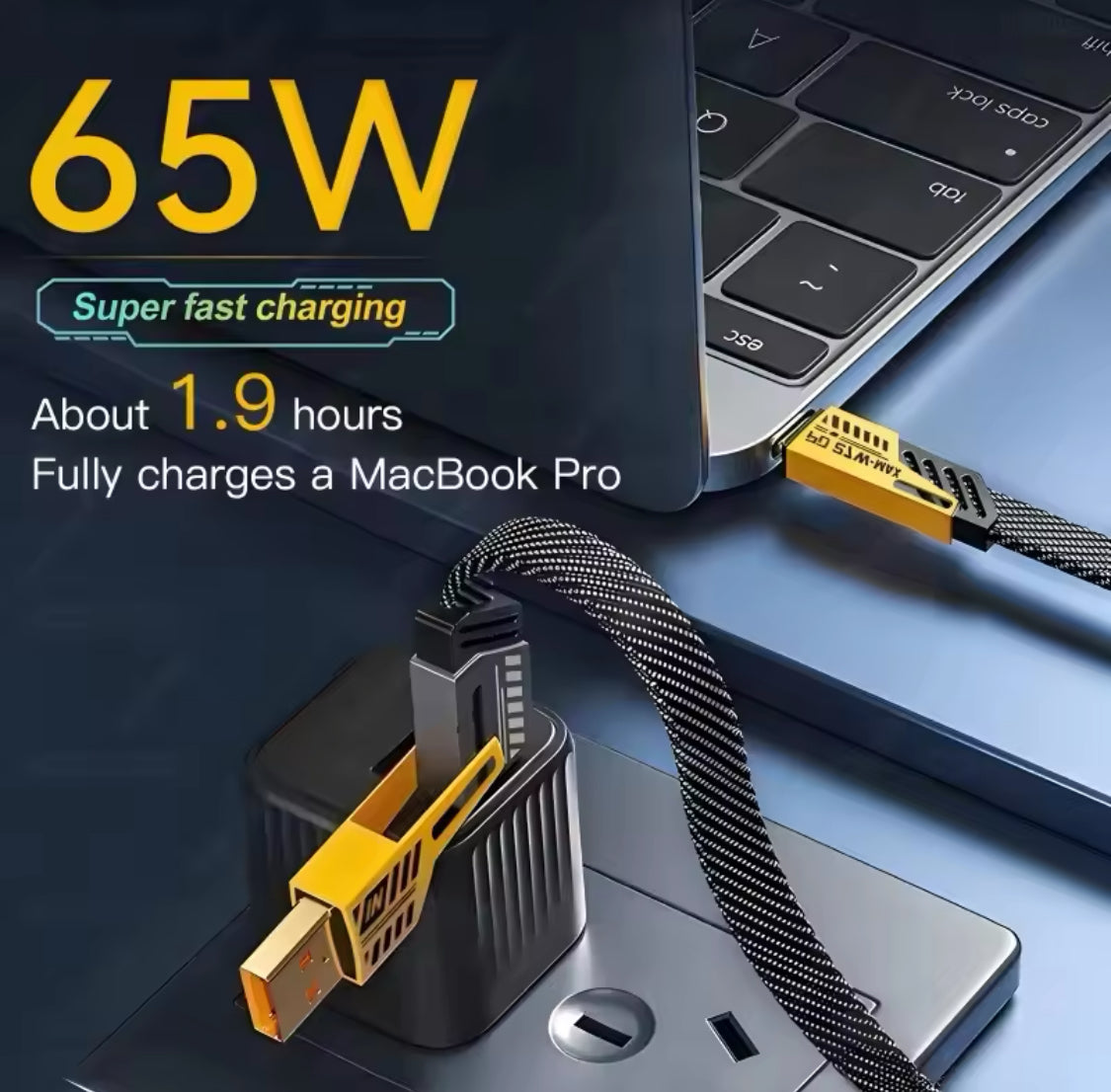 65W charging cable for MacBook Pro with text on super fast charging and charging time.