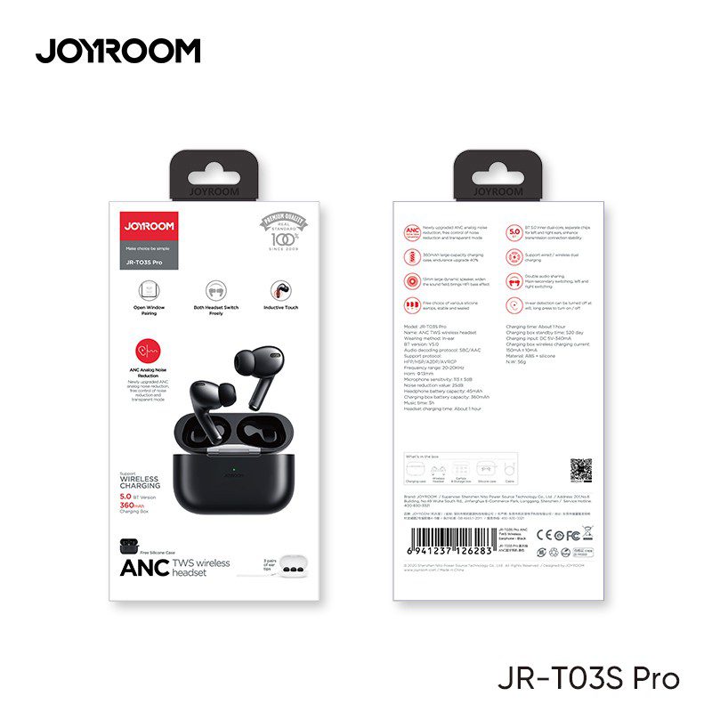 Packaging of JOYROOM JR-T03S Pro wireless earbuds with front and back views.