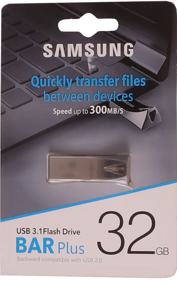 Samsung USB 3.1 flash drive packaging with text on a blurred keyboard background