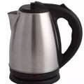 Stainless steel electric kettle with black handle on a white background