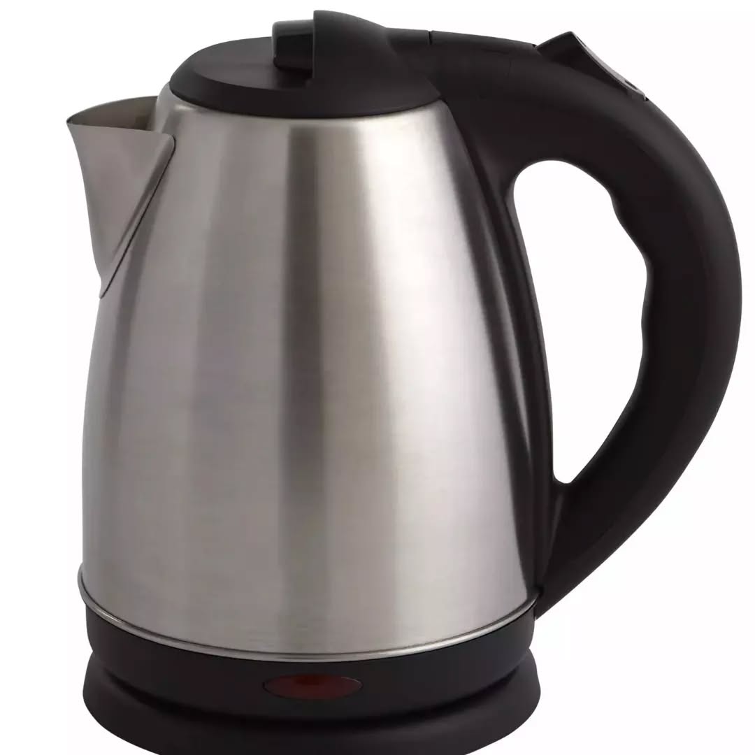 Stainless steel electric kettle with black handle on a white background