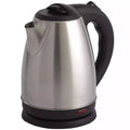 Stainless steel electric kettle with black handle and base on a white background