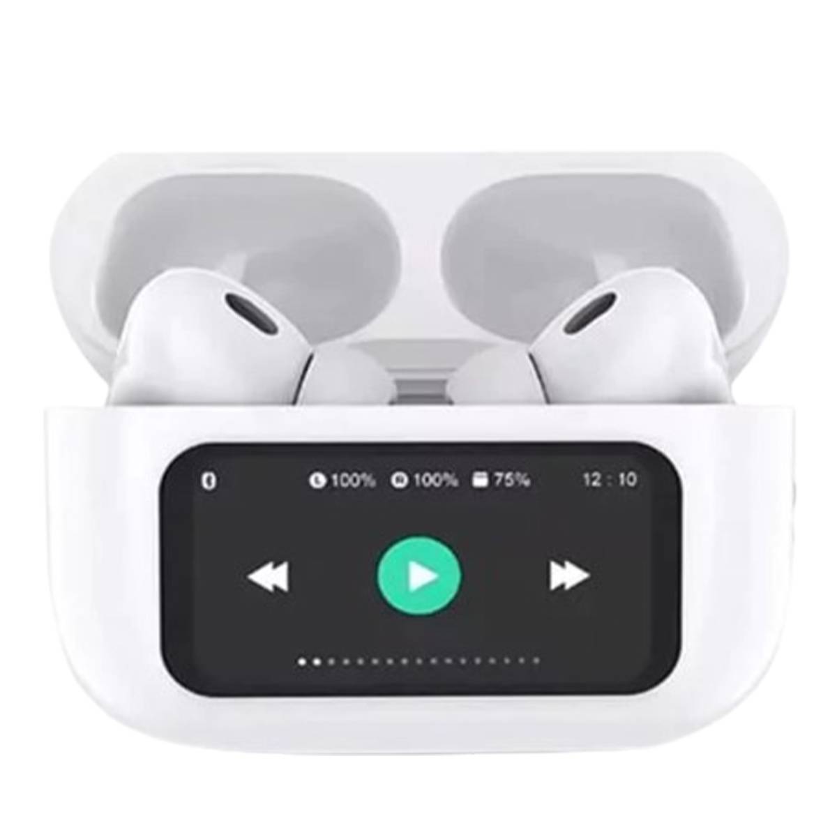 Wireless earbuds in a charging case with a display screen on a white background