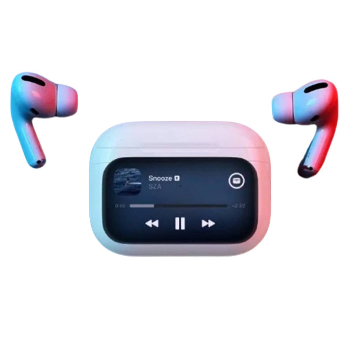Wireless earbuds with a charging case displaying a music player interface on a white background.