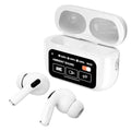 White wireless earbuds with charging case on a white background