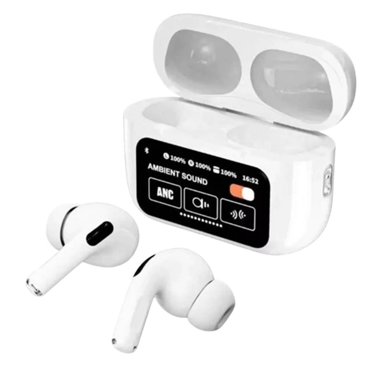 White wireless earbuds with charging case on a white background