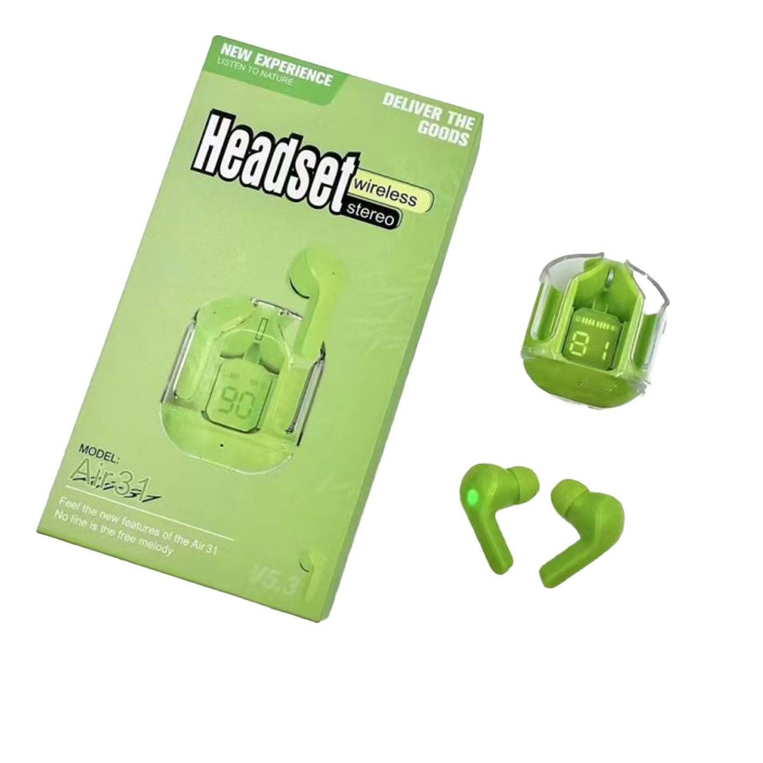 Green wireless headset with packaging on a white background