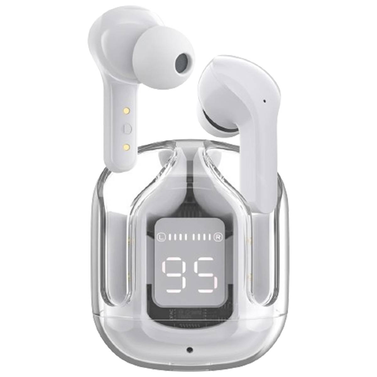 White wireless earbuds with clear charging case on a white background