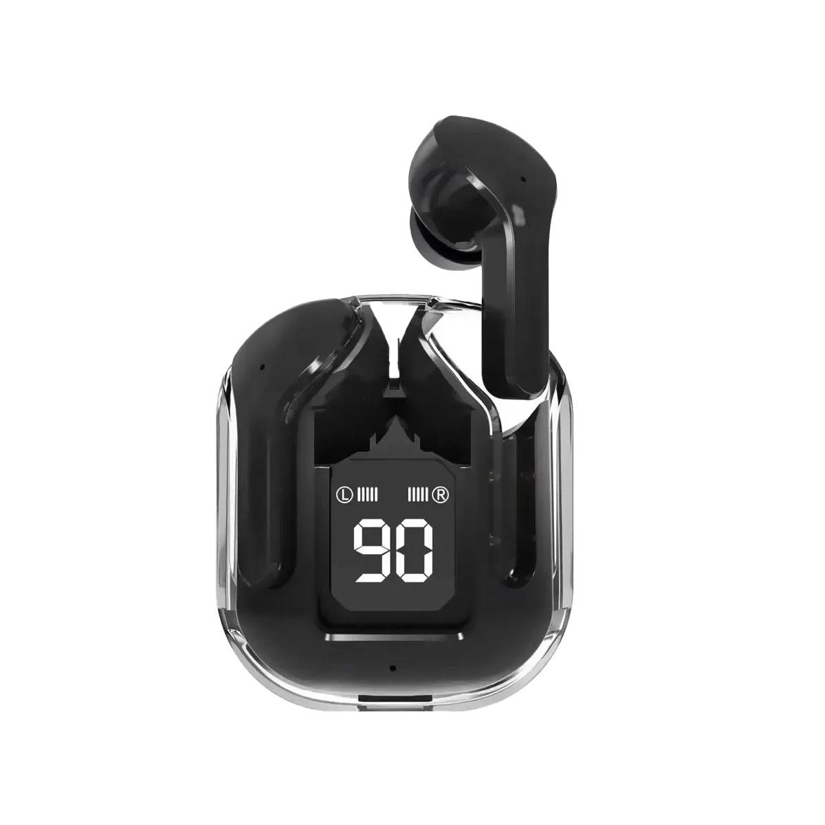 Black wireless earbuds with a digital display showing '90' on a white background