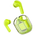 Green wireless earbuds with charging case on a white background