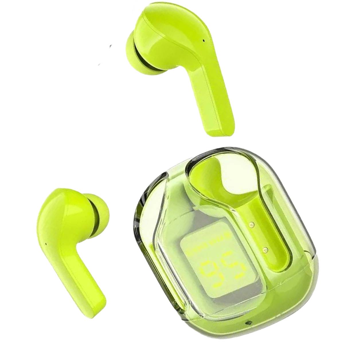 Green wireless earbuds with charging case on a white background