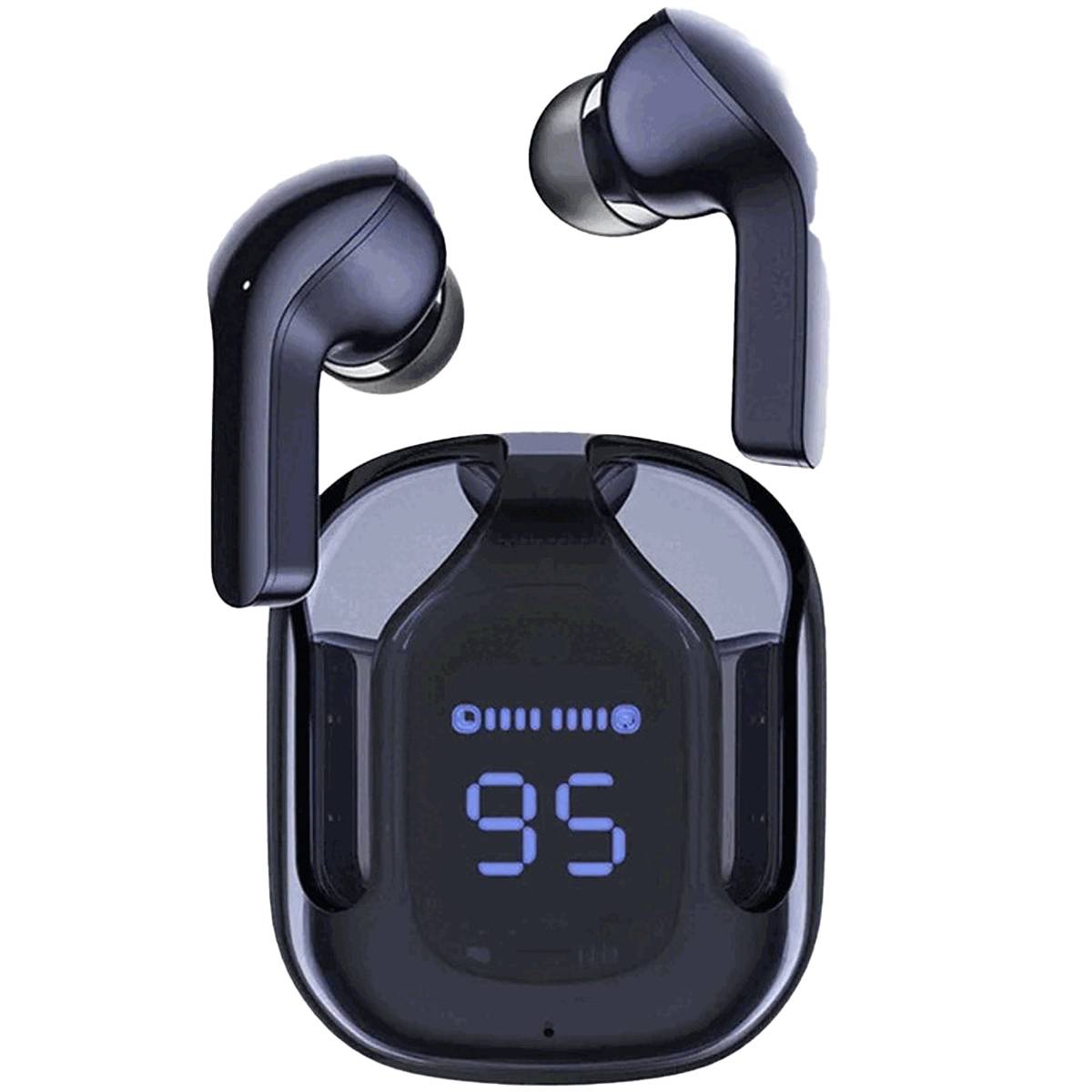 Black wireless earbuds with charging case on a white background