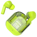 Green wireless earbuds with charging case on a white background