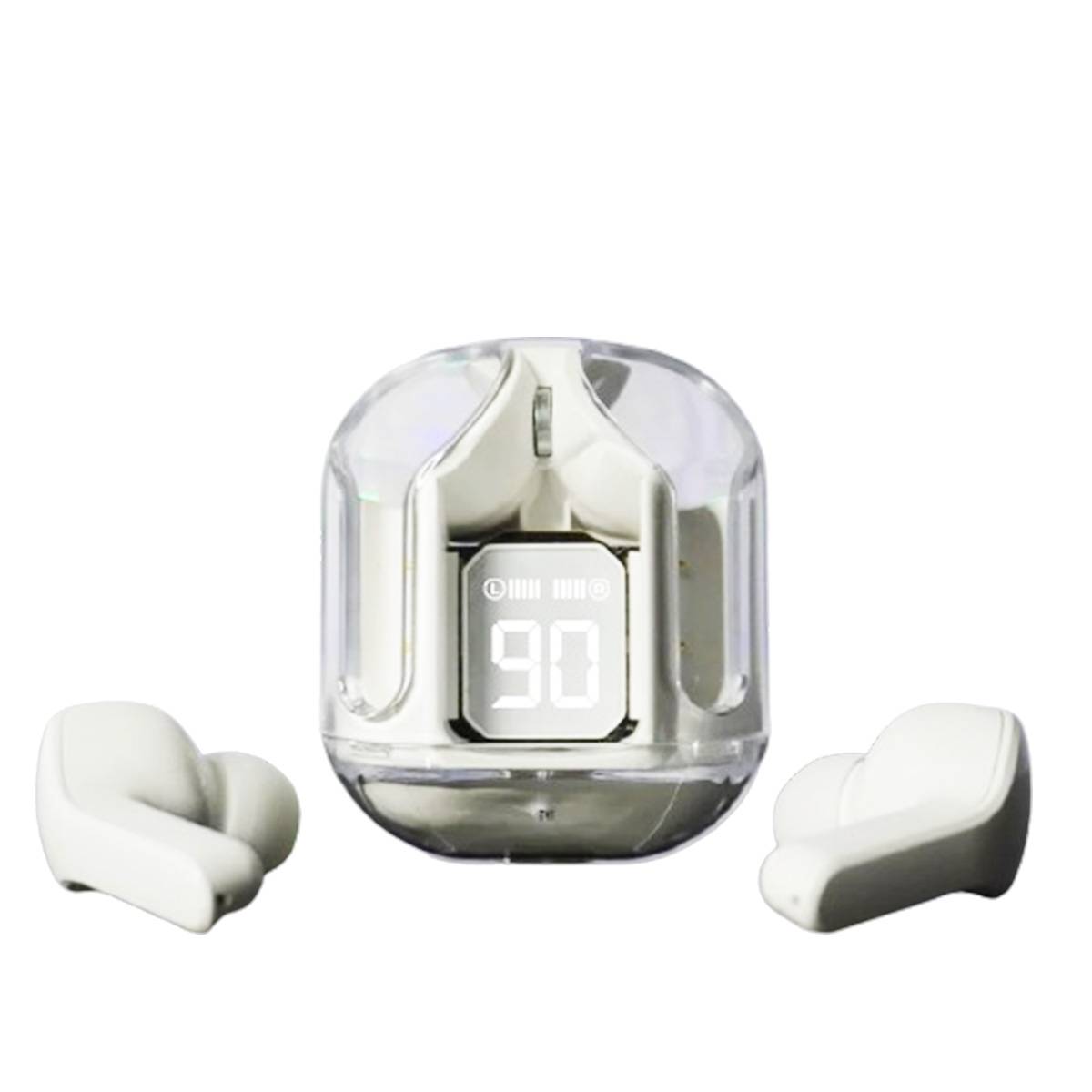 White wireless earbuds with a charging case on a white background