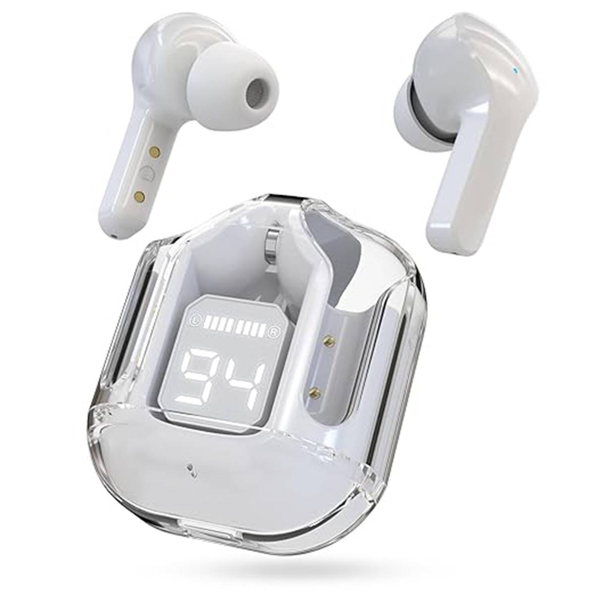 Wireless earbuds with a clear charging case on a white background