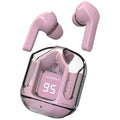 Pink wireless earbuds with charging case on a white background