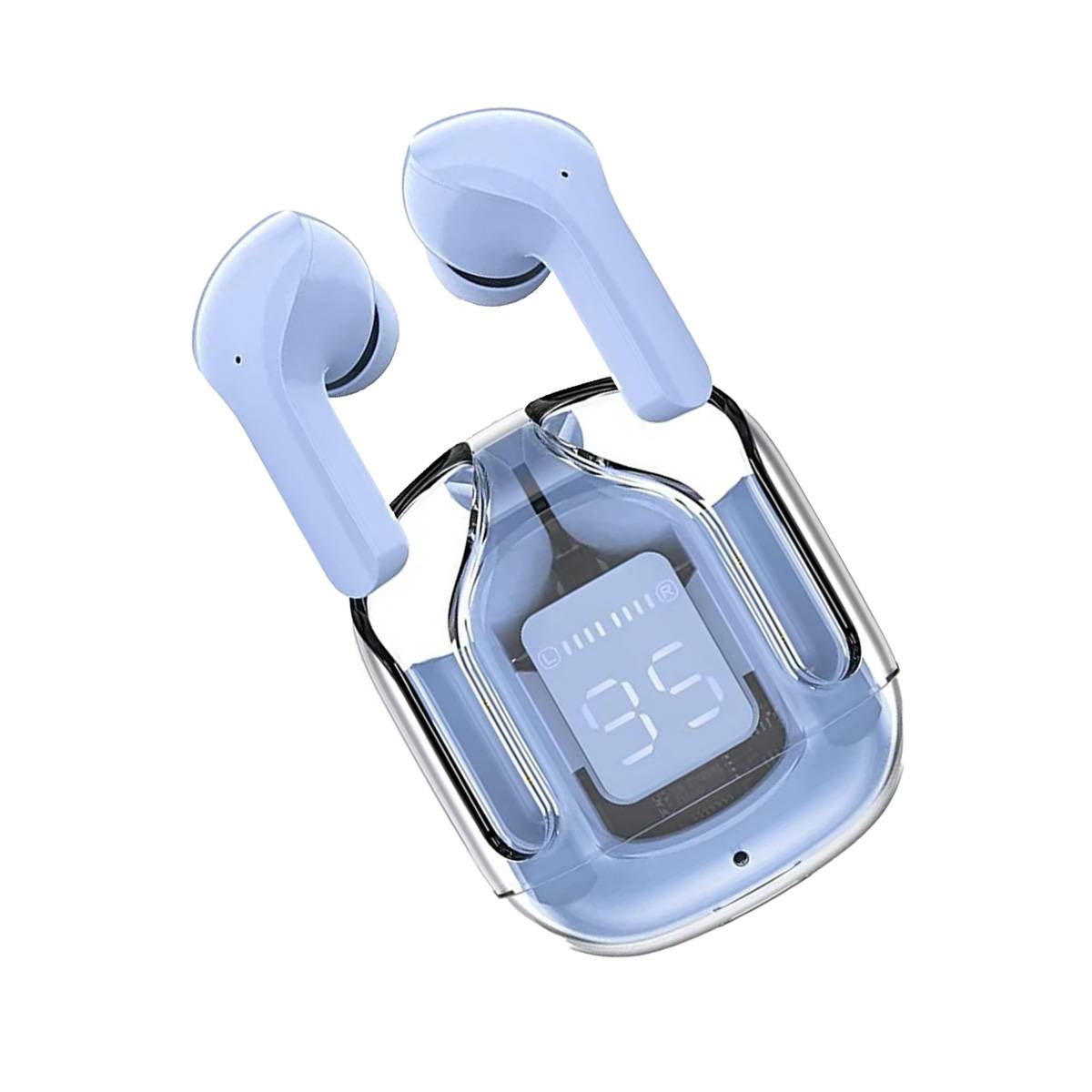 Blue wireless earbuds with charging case on a white background
