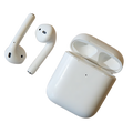 White wireless earbuds with charging case on a white background