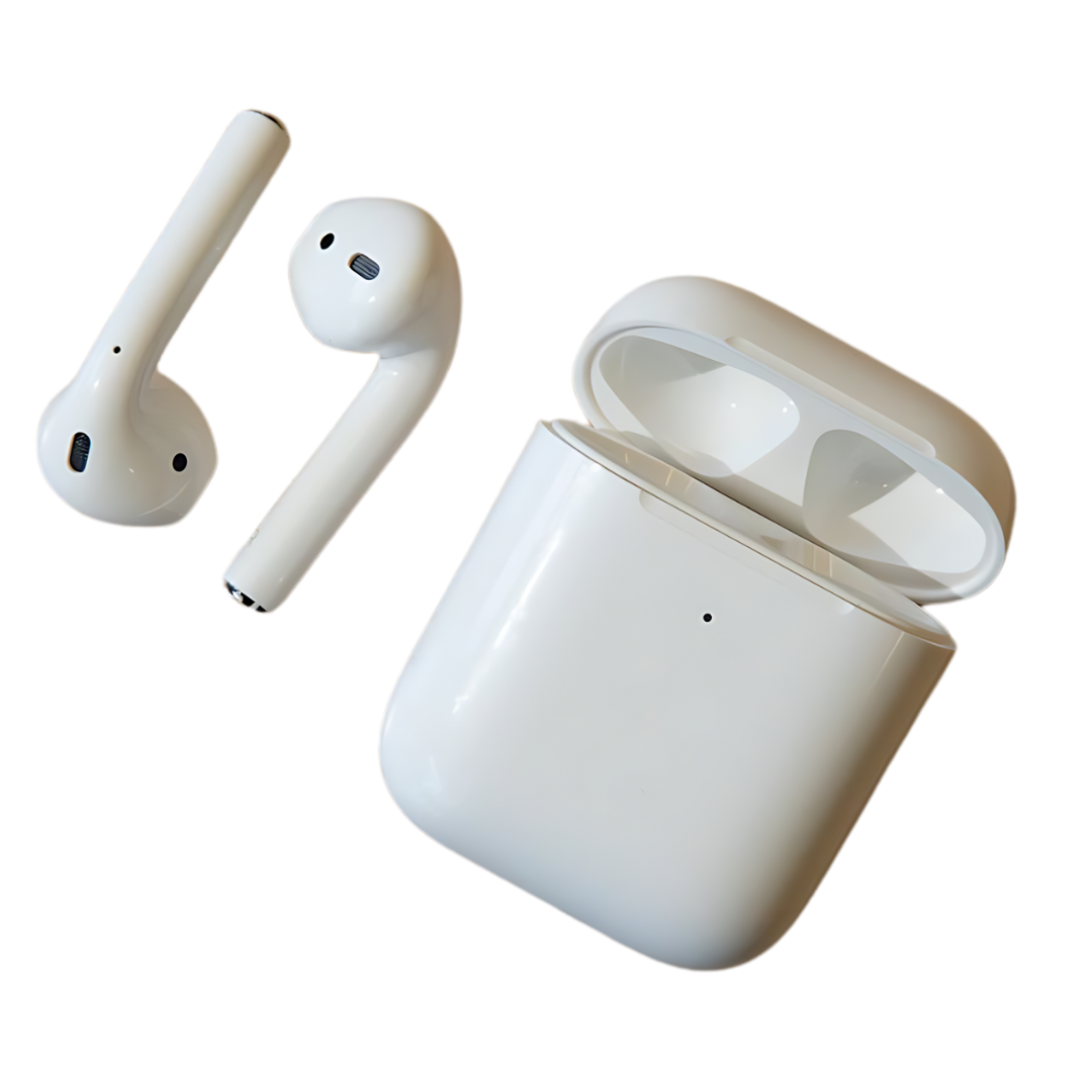 White wireless earbuds with charging case on a white background