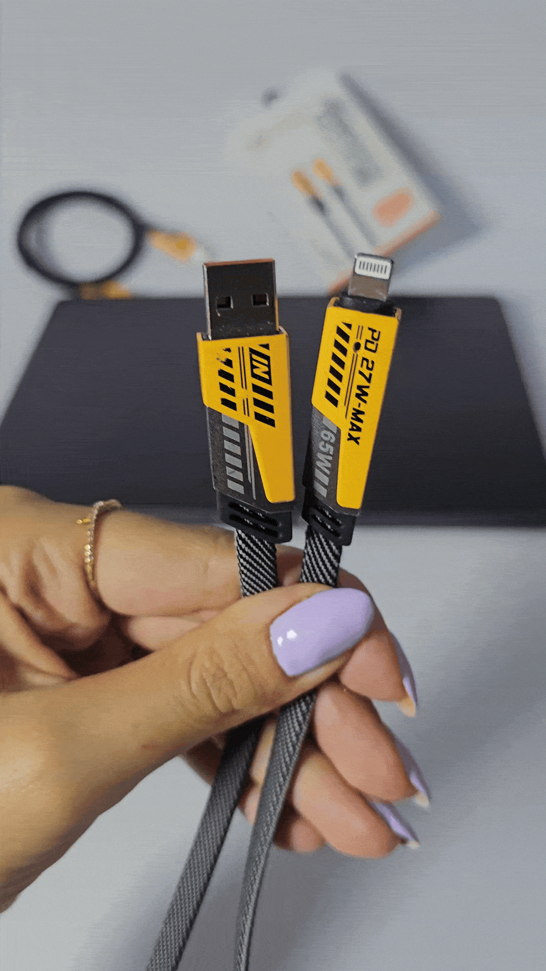 Two USB cables with fast charging capabilities on a dark background