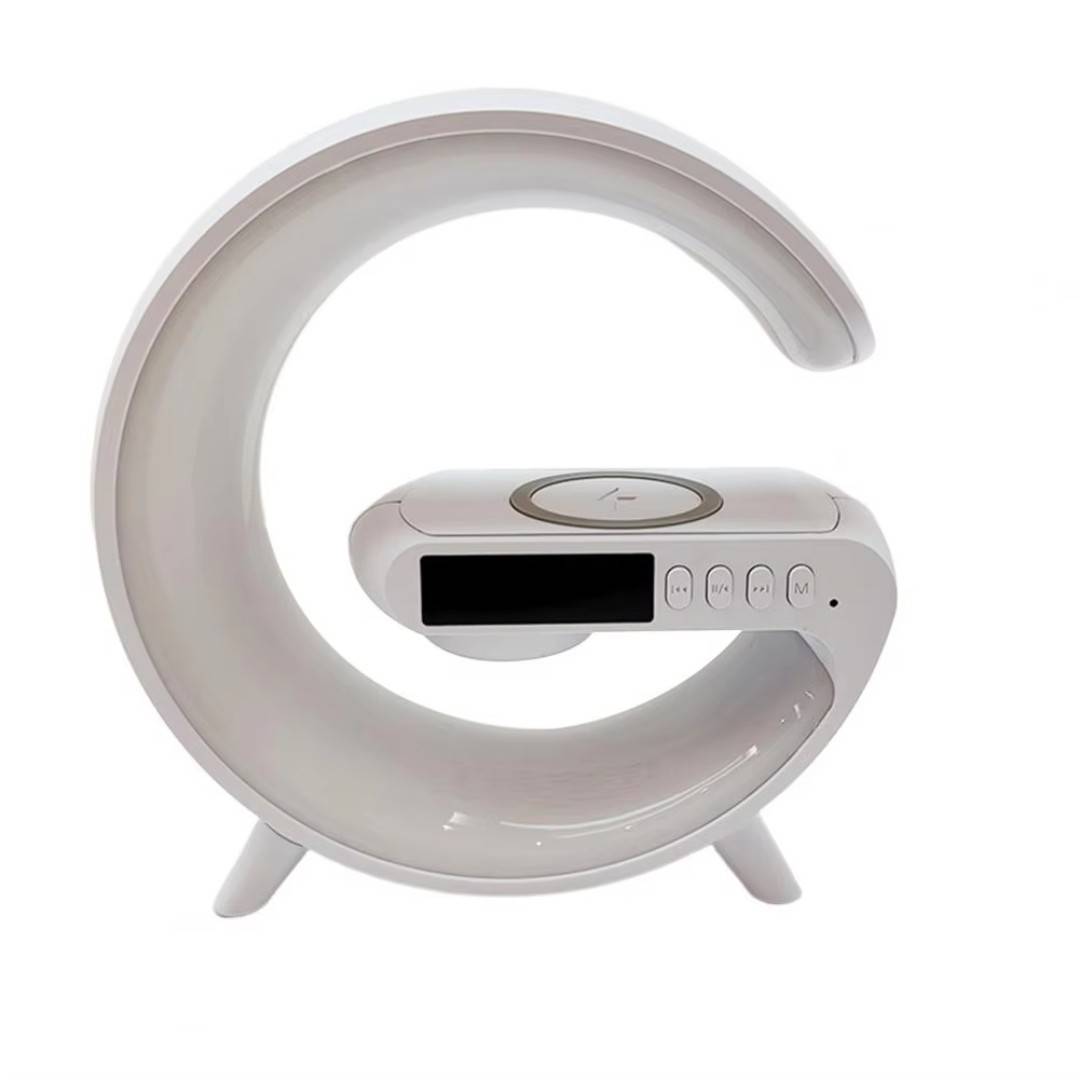 White crescent moon-shaped clock with digital display on a white background