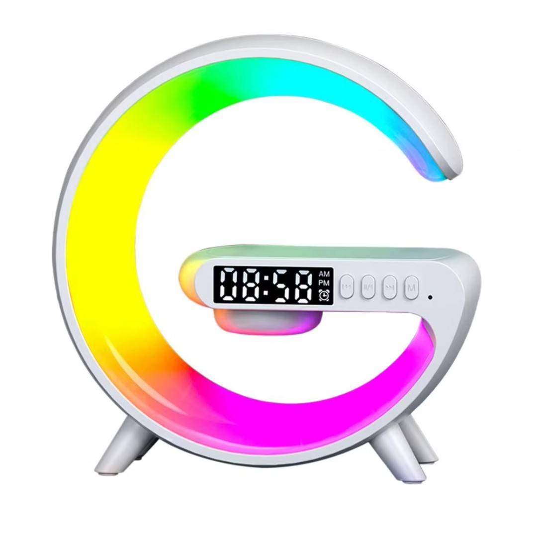 Colorful crescent moon-shaped clock with digital display on a white background