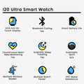 Features of the I20 Ultra Smart Watch on a white background