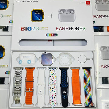 Smartwatch and earphone set in packaging with multiple strap options.