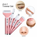 4-in-1 trimmer set with attachments for various hair removal areas on a white background.
