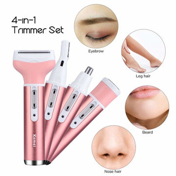 4-in-1 trimmer set with attachments for various hair removal areas on a white background.