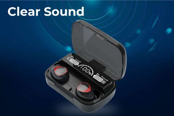 Black wireless earbuds in a charging case with 'Clear Sound' text on a blue background