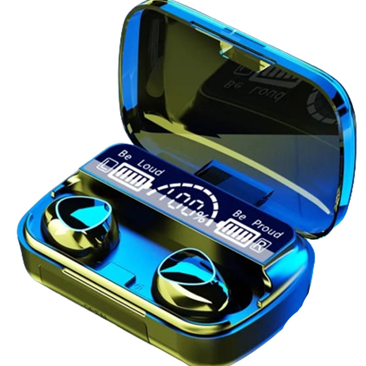 Blue and gold wireless earbuds with charging case on a white background