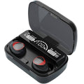 Black wireless earbuds with digital display in charging case on white background