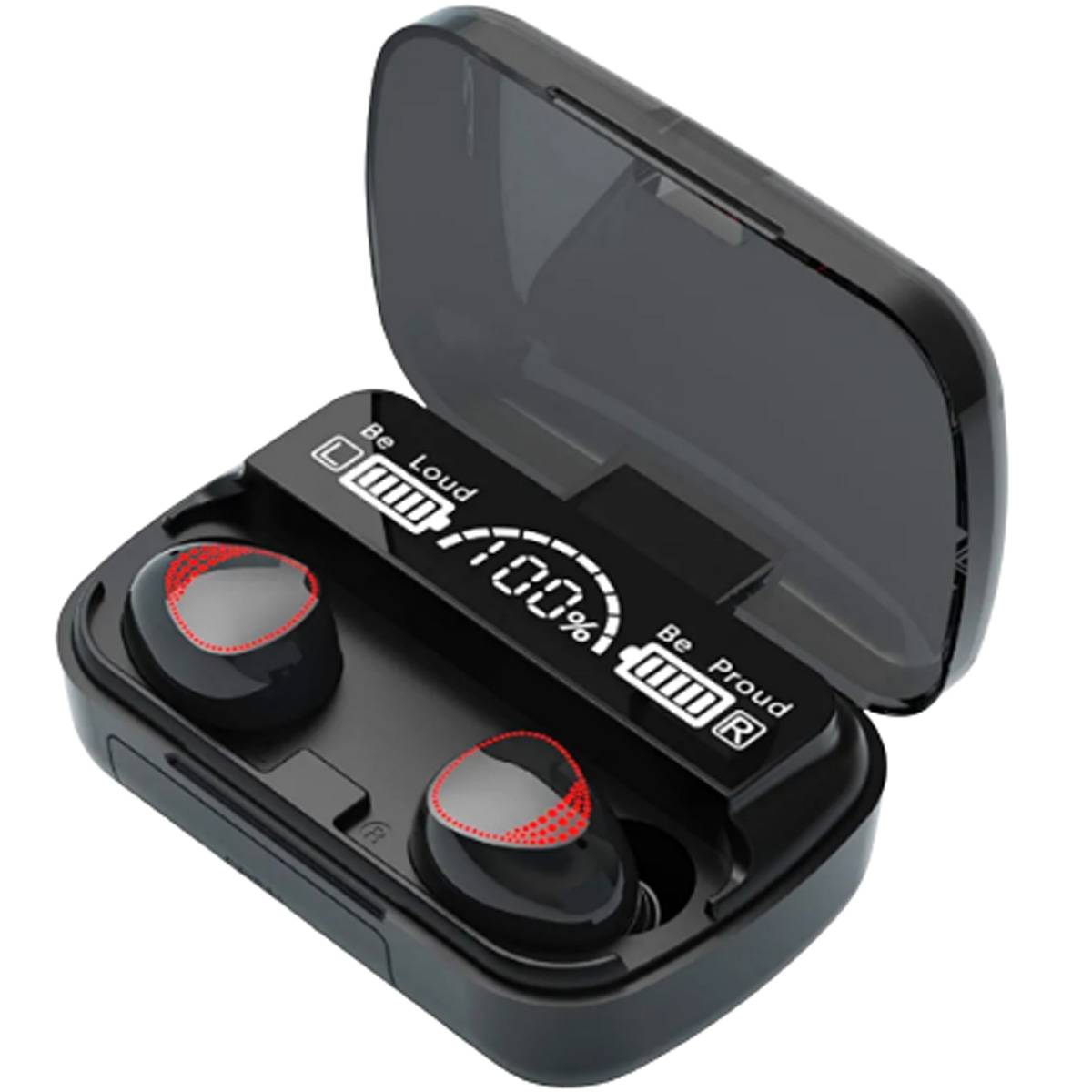 Black wireless earbuds with digital display in charging case on white background