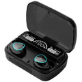Black wireless earbuds with charging case on a white background