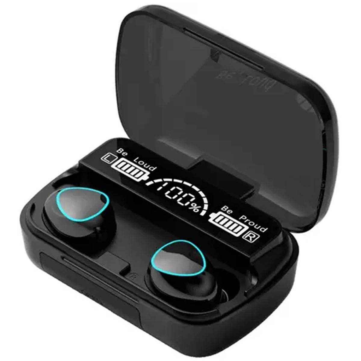 Black wireless earbuds with charging case on a white background