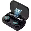 Black wireless earbuds with charging case and digital display on a white background