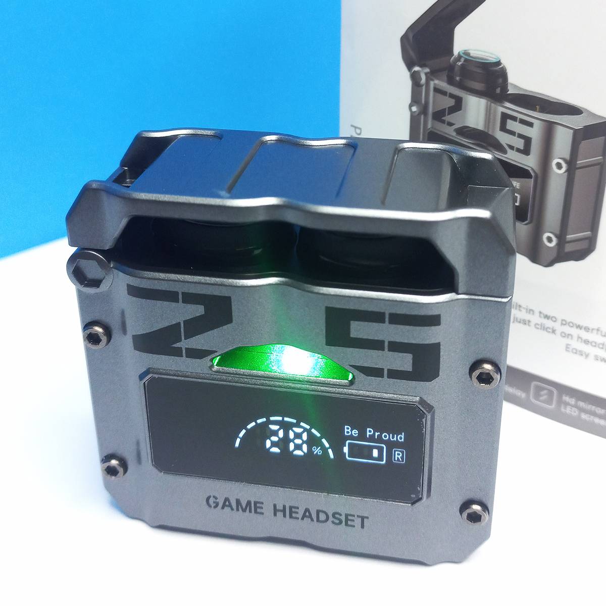 Metallic game headset with digital display on a blue and white background