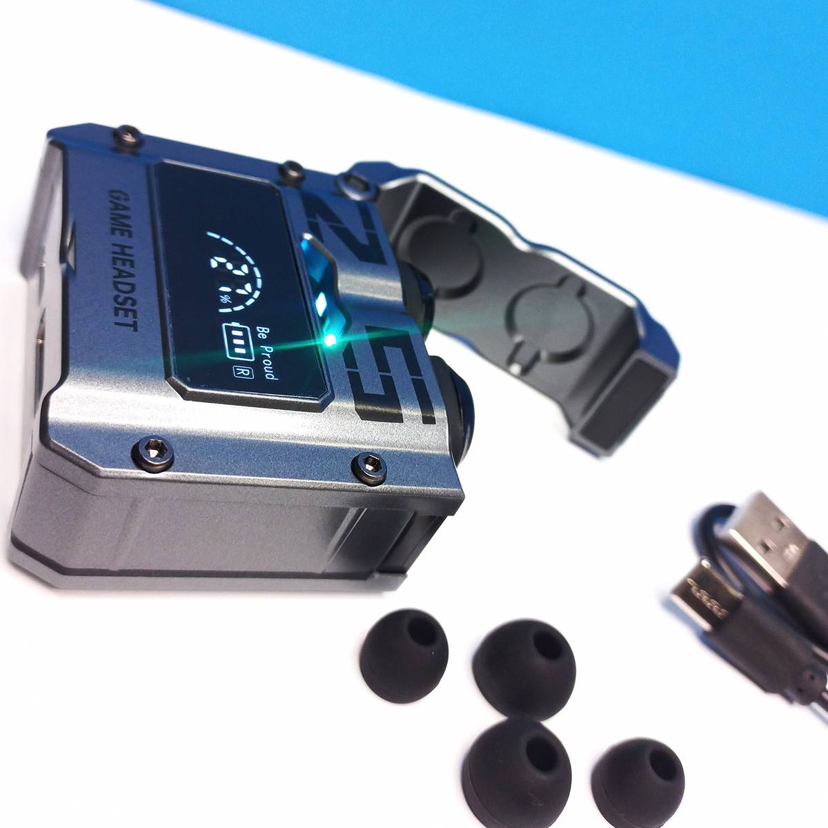 Game headset with USB cable and earbuds on a white background