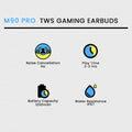 M90 Pro TWS Gaming Earbuds feature chart on a white background