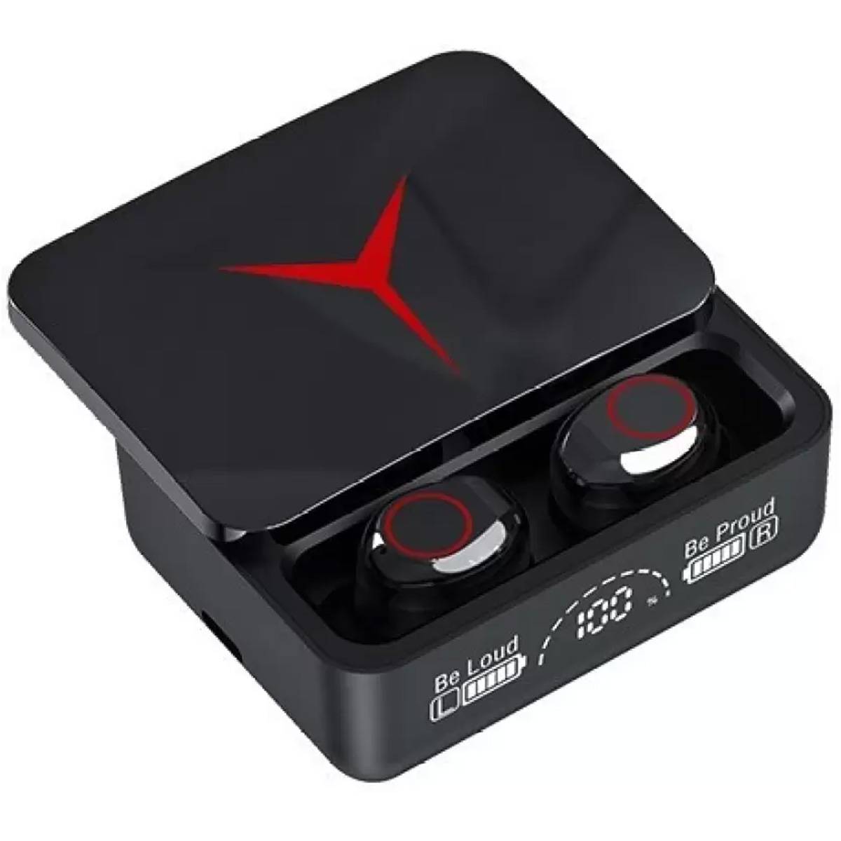 Black wireless earbuds with charging case and visible brand logo on a white background