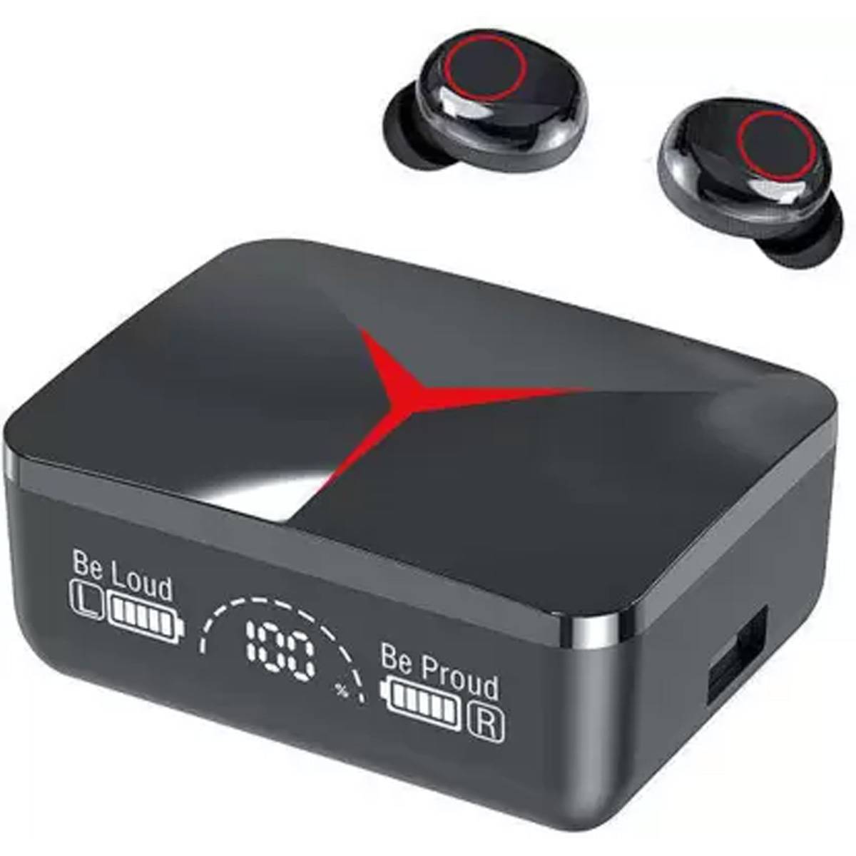Black wireless earbuds with charging case on a white background
