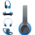 Blue and gray headphones with various angles on a white background