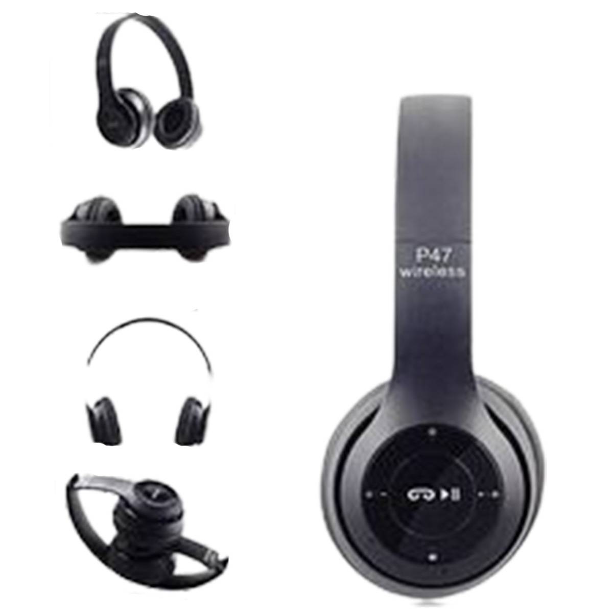 Black wireless headphones with various attachments on a white background