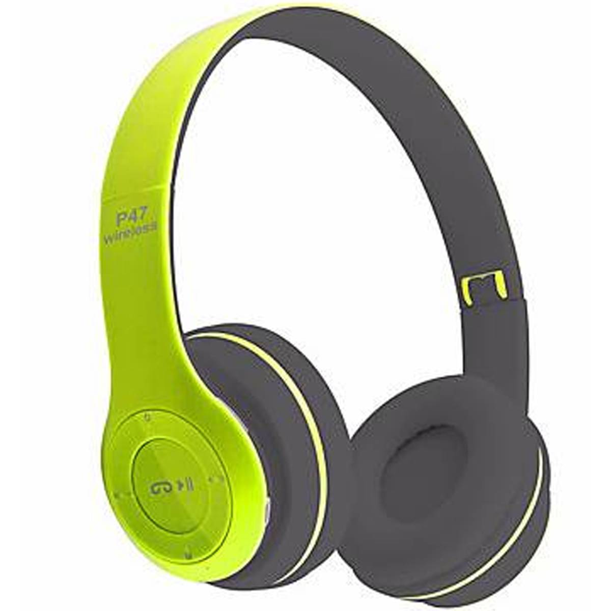 Wireless headphones with green and gray design on a white background